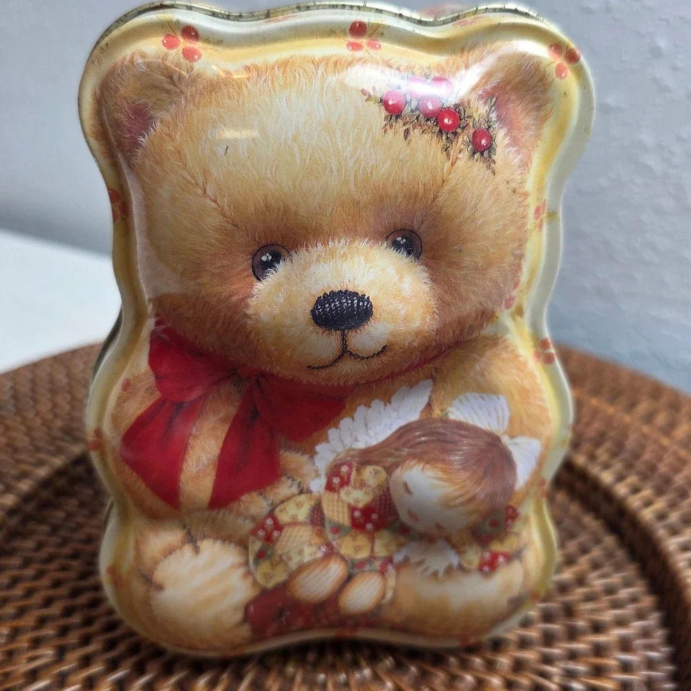 Vintage Christmas Teddy‎ Bear Shaped Tin Box Patchwork Quilt Print With Angel